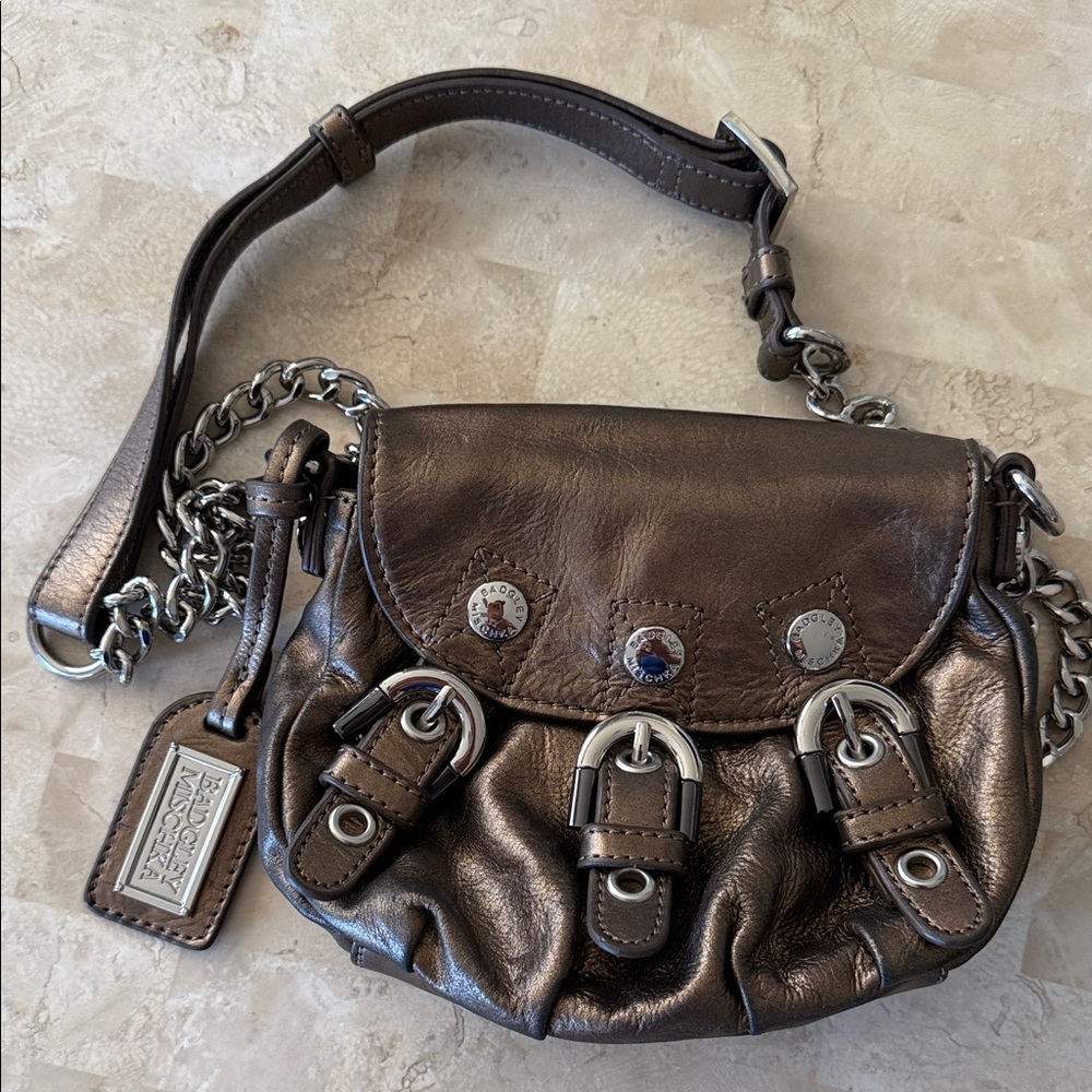 Badgley Mischka Bronze Leather Flap Crossbody buckle Bag